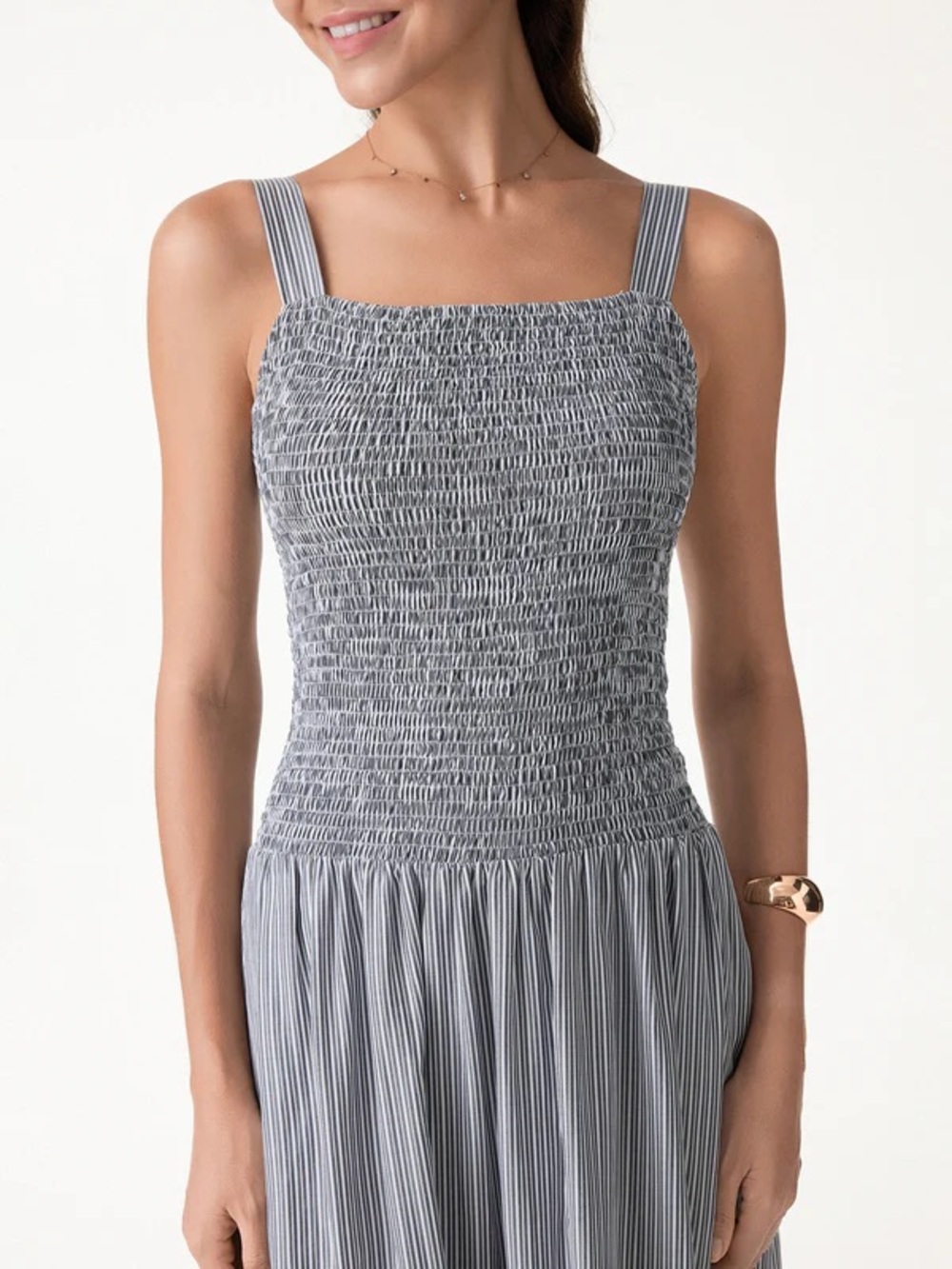 OGL Striped Poplin Square Neck Smocked Midi Bra Dress - Picture 2 of 2
